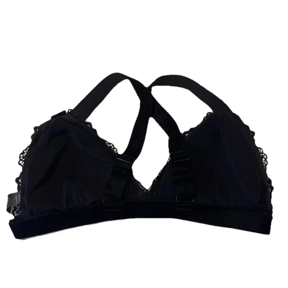 Rene Rofe Black Lace Bralette L Wireless‎ Padded Cross Back Velvet Straps - Picture 10 of 11